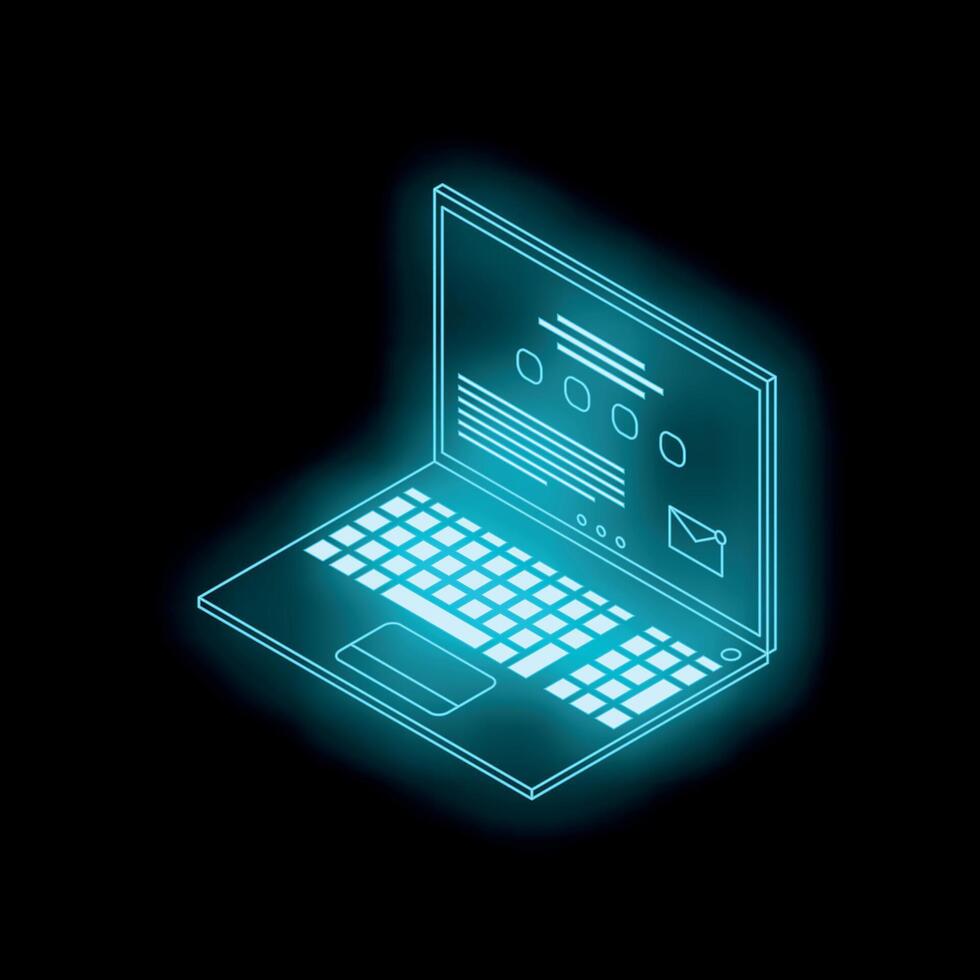 Neon blue laptop showing website interface on black background vector