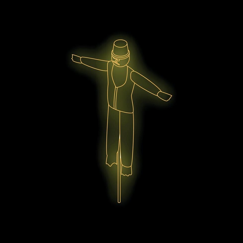 Glowing neon scarecrow standing with open arms on black background vector