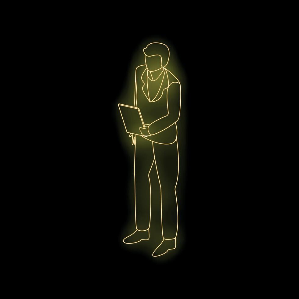 Businessman using laptop glowing yellow neon light style vector