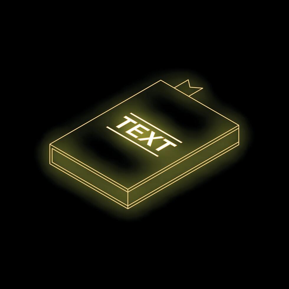 Neon yellow book icon with bookmark glowing on black background vector