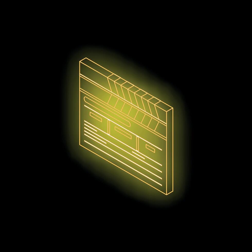 Glowing neon yellow clapperboard movie production icon sign vector