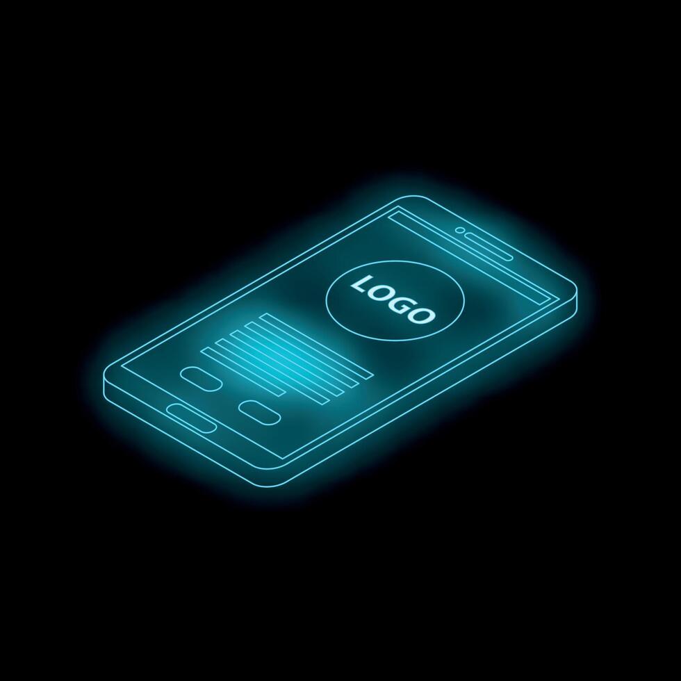Neon blue smartphone showing mobile app design interface vector