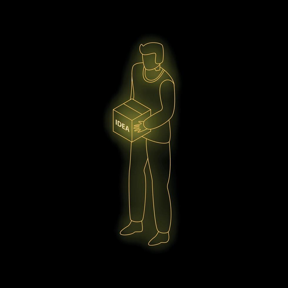 Businessman holding a luminous idea box neon style illustration vector