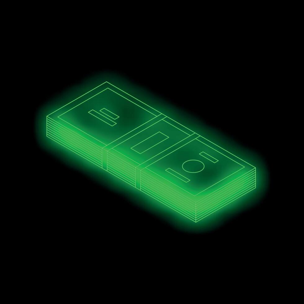 Neon green wireframe style stack of money glowing on black background vector