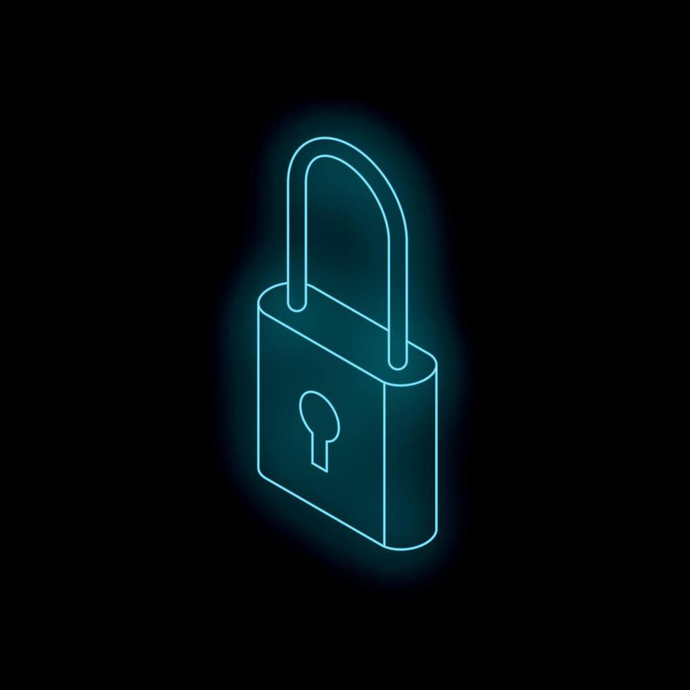 Glowing neon padlock isometric security icon vector