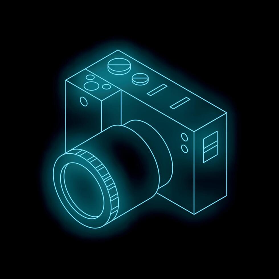 Neon blue outline of a digital camera floating on black background vector