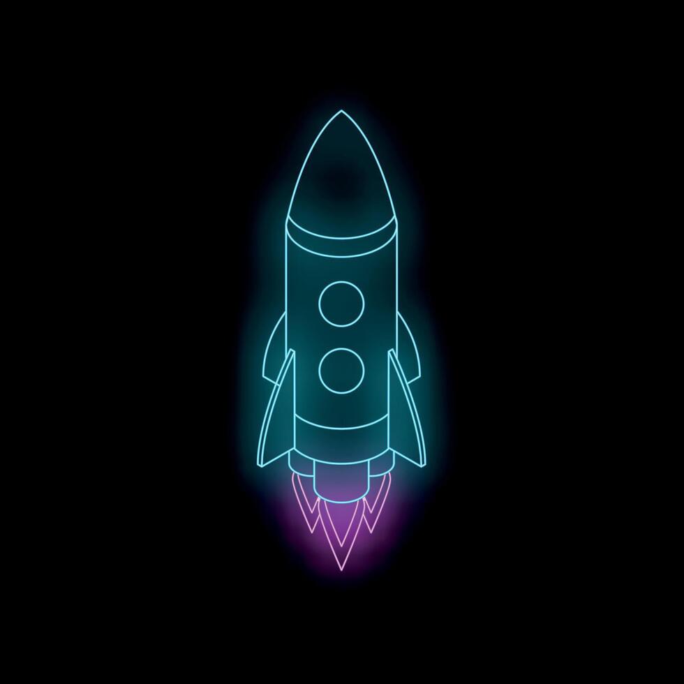 Neon rocket ship taking off into space vector