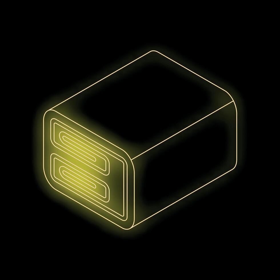 Neon yellow power bank glowing on black background vector
