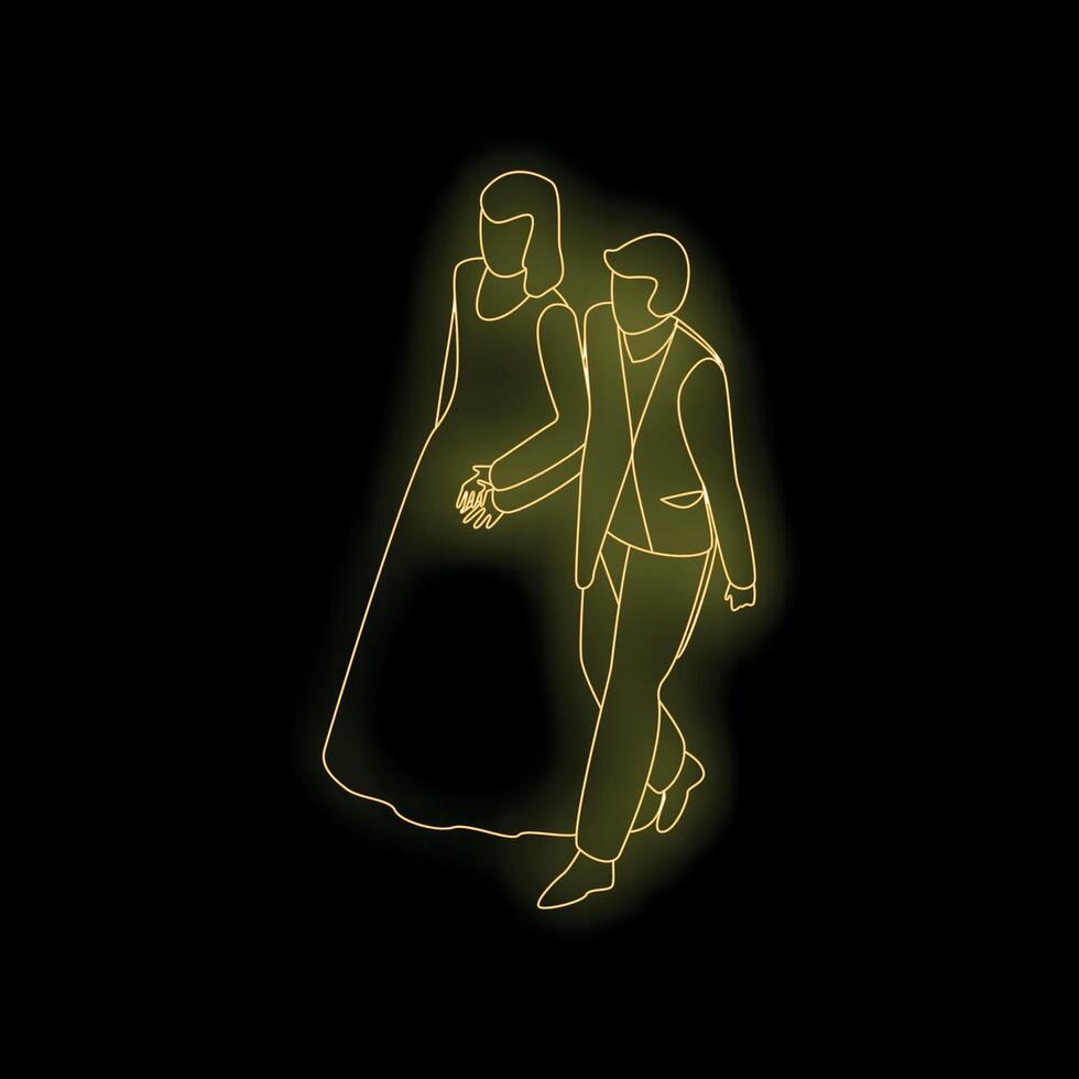 Elegant couple walking in neon light holding hands vector