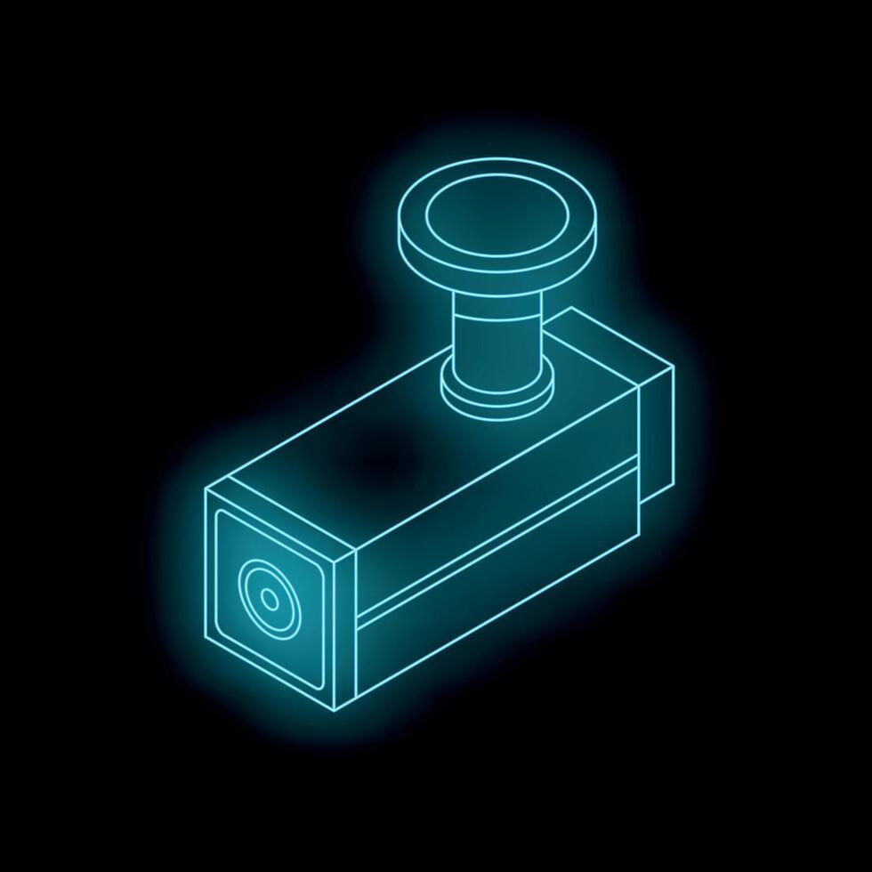 Neon cctv camera glowing on dark background vector