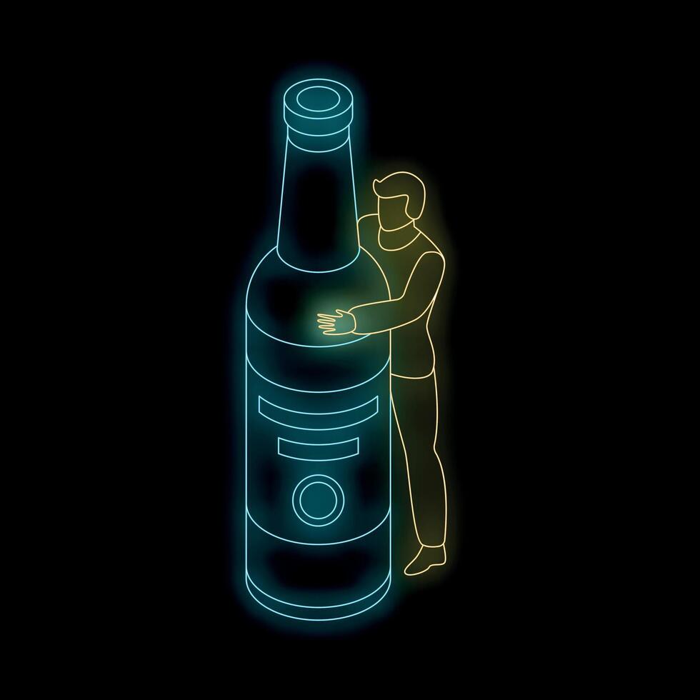 Man hugging giant beer bottle neon sign isometric view vector
