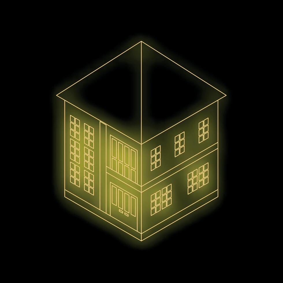 Yellow neon building shining on black background vector