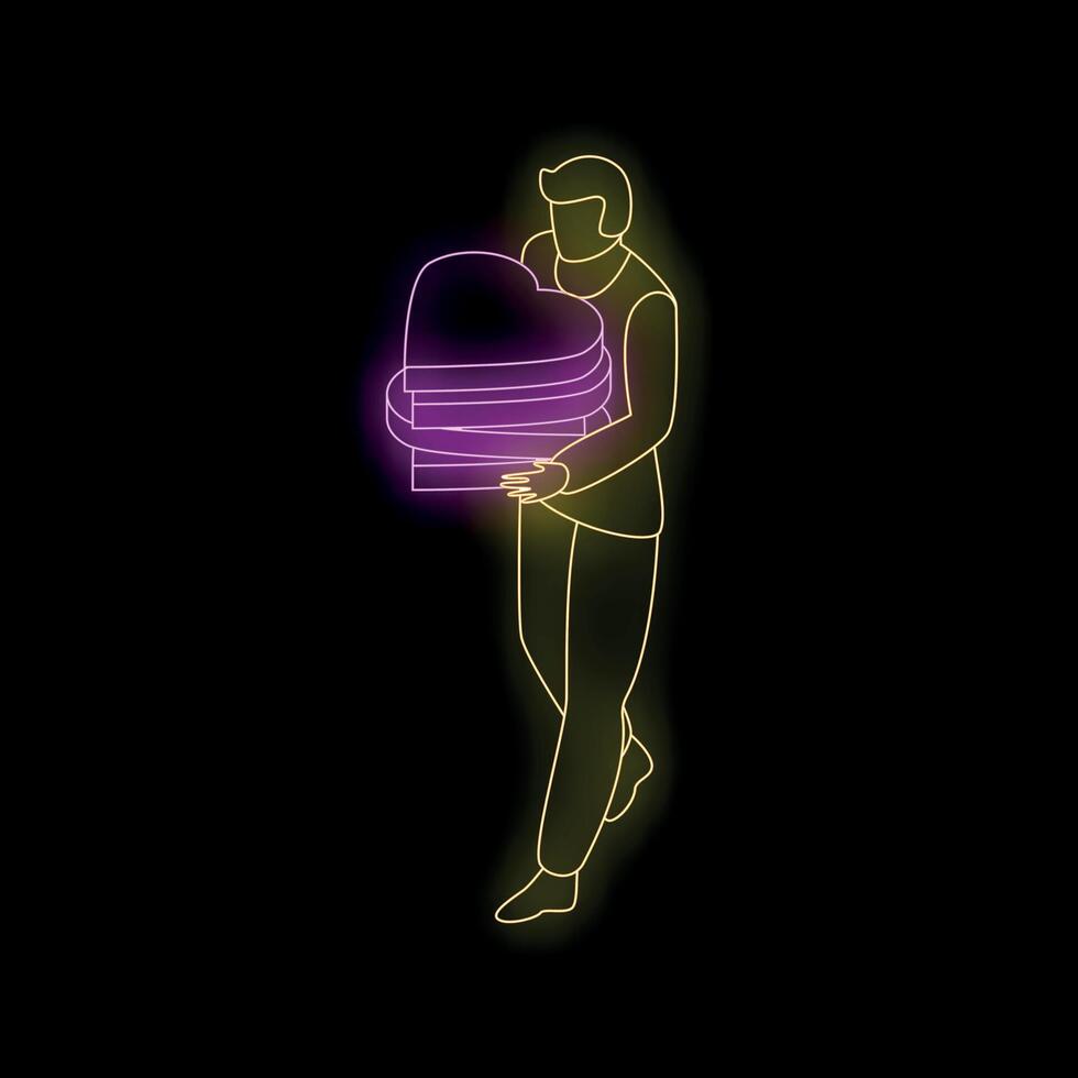 Man walking and holding stack of heart shaped gift boxes neon sign vector