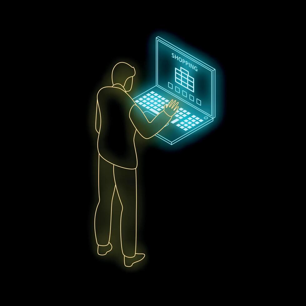 Businessman shopping online using laptop computer neon style illustration vector