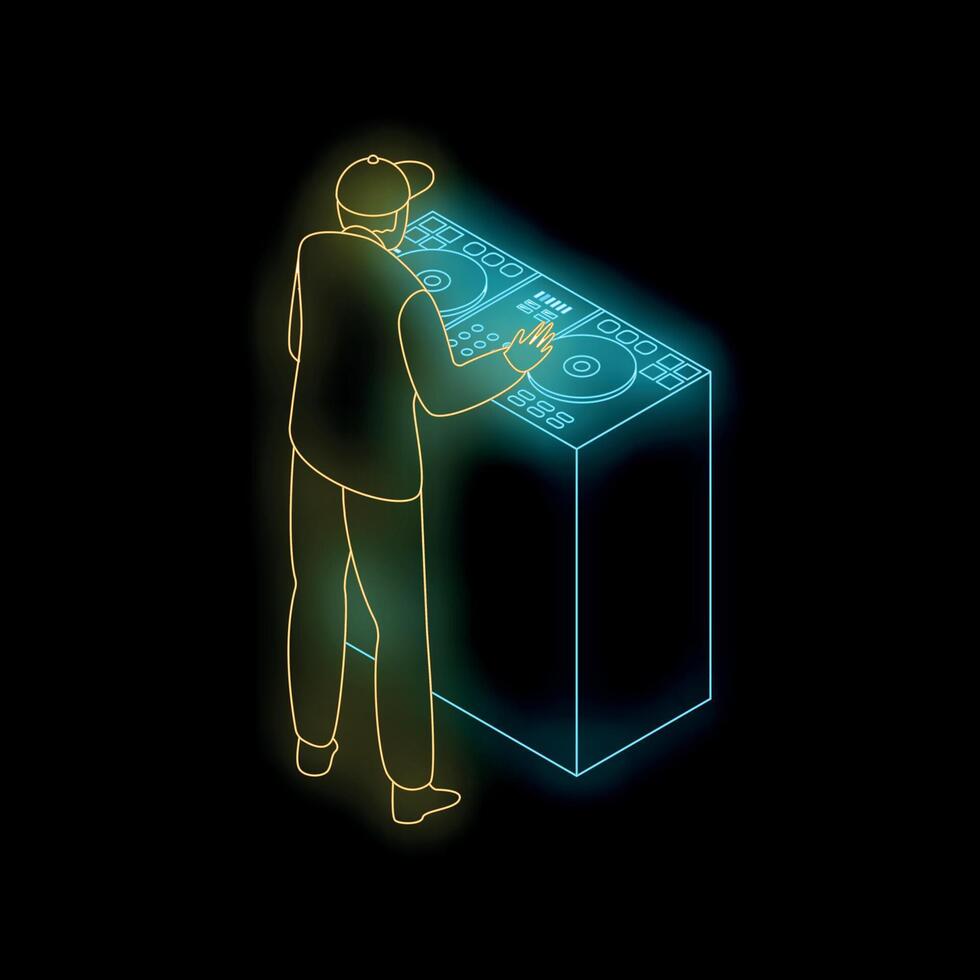 Dj playing music on mixer console with neon light effect vector