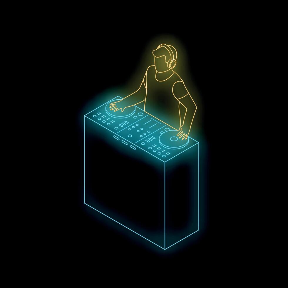 Neon dj playing music on turntables vector