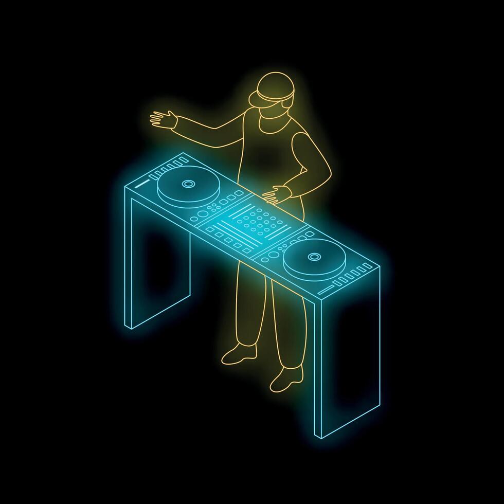 Dj playing electronic music on turntables with neon lights vector