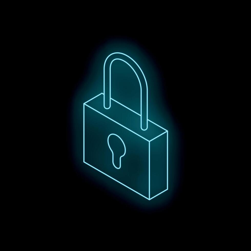 Neon padlock glowing on dark background representing cybersecurity vector