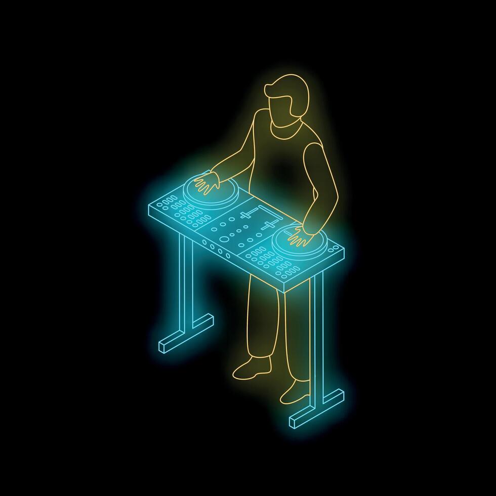 Disc jockey mixing music on turntable at night club vector