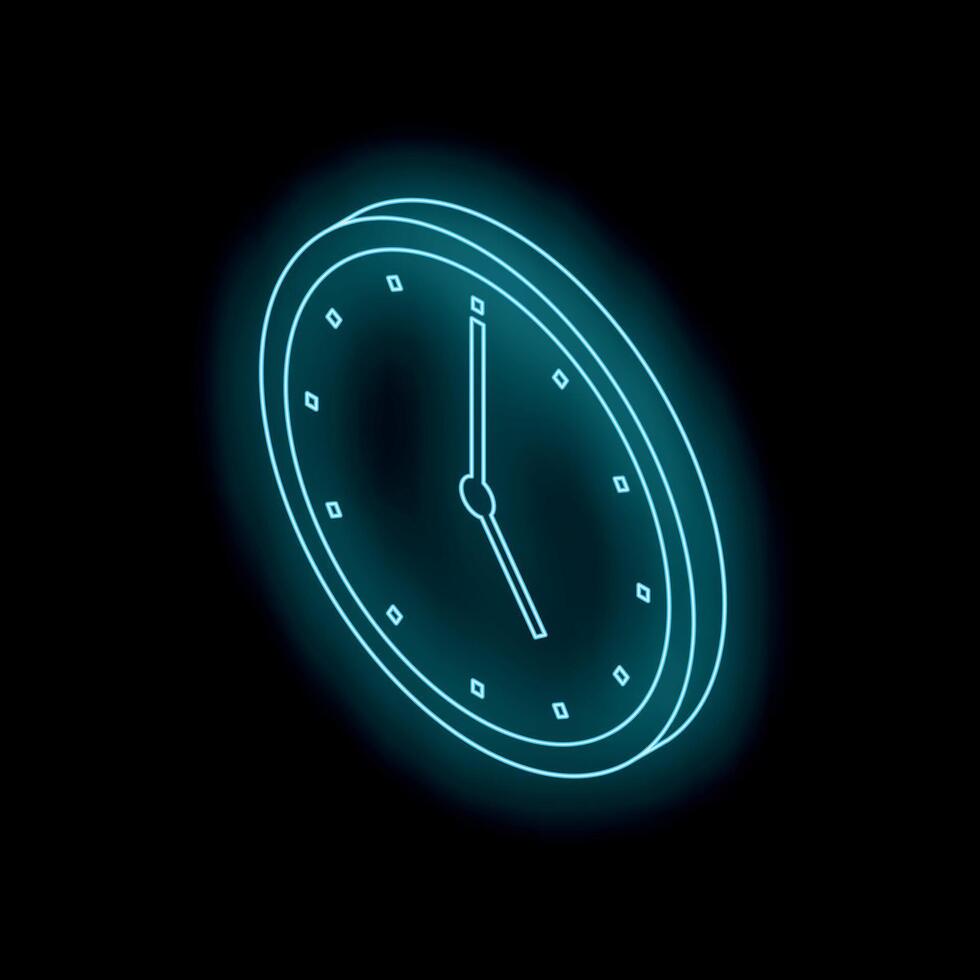 Neon blue clock showing eight o'clock on black background vector