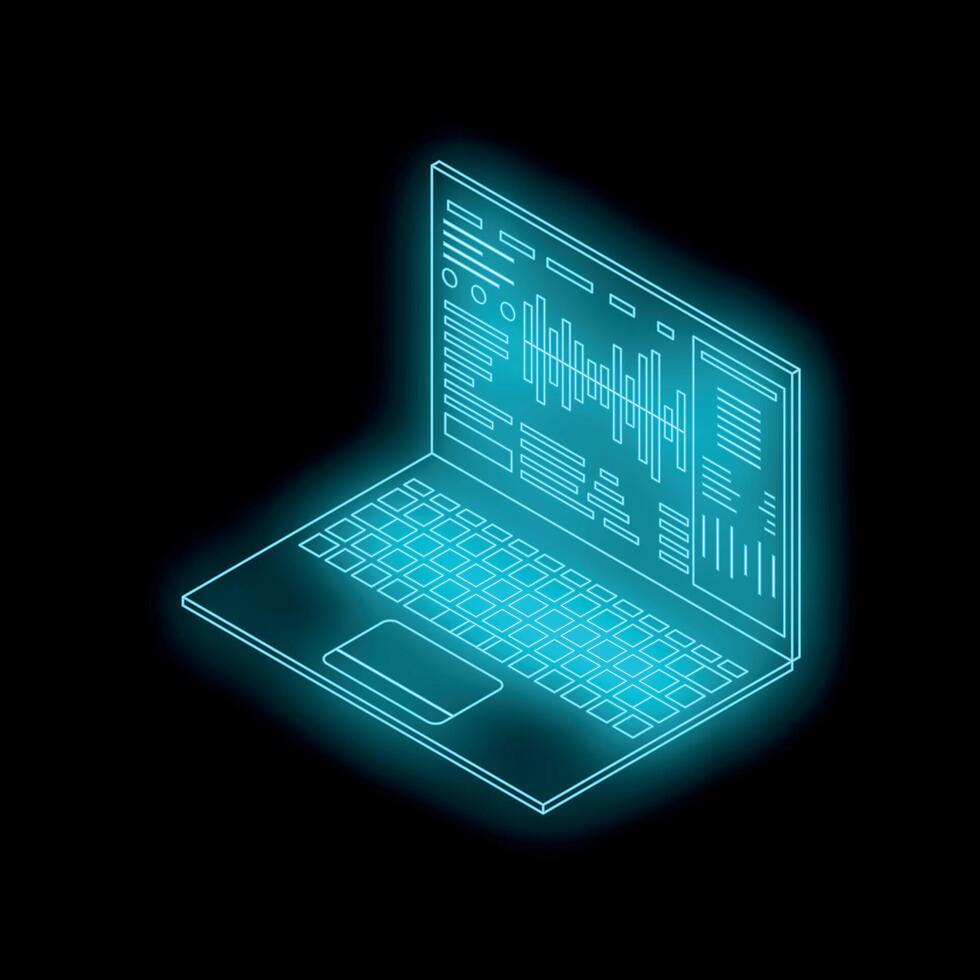 Neon blue laptop showing software code on black background vector