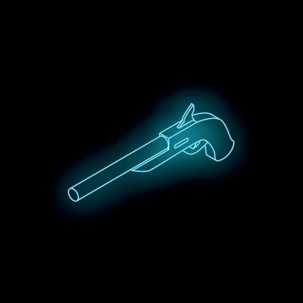 Blue neon sign of a musket gun on a black background vector