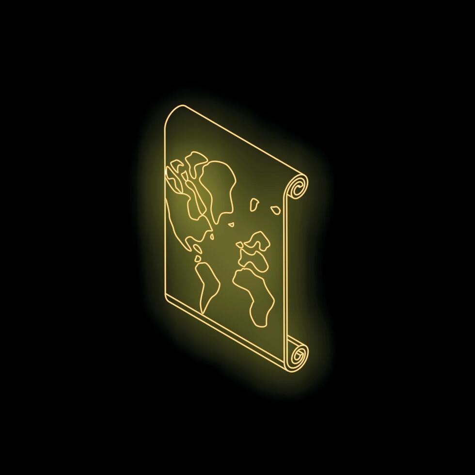 Neon world map scroll shining on black background vector