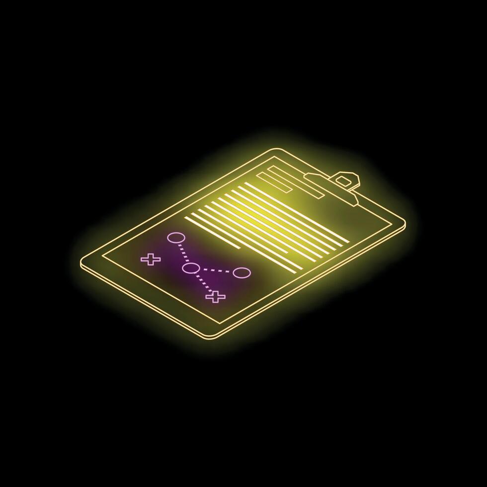 Neon clipboard showing analytics with graph and plus signs on black background vector