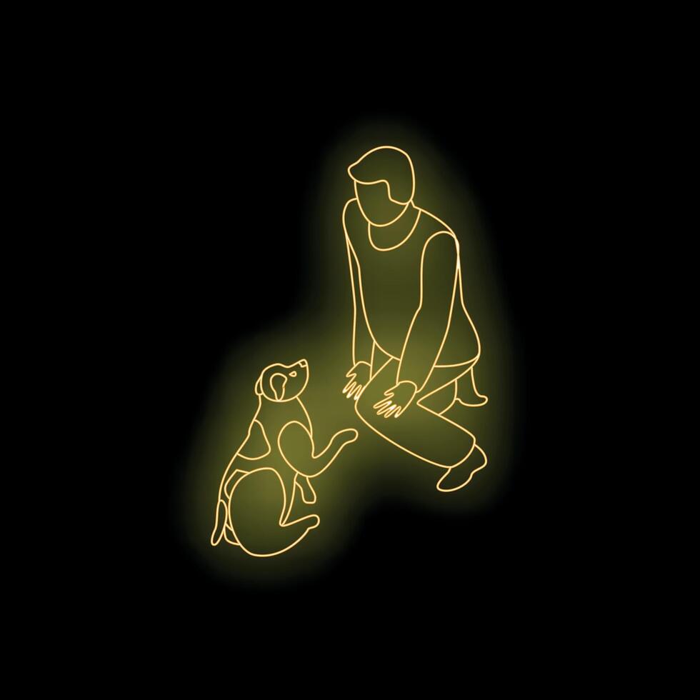 Man kneeling and petting his dog in neon light style vector