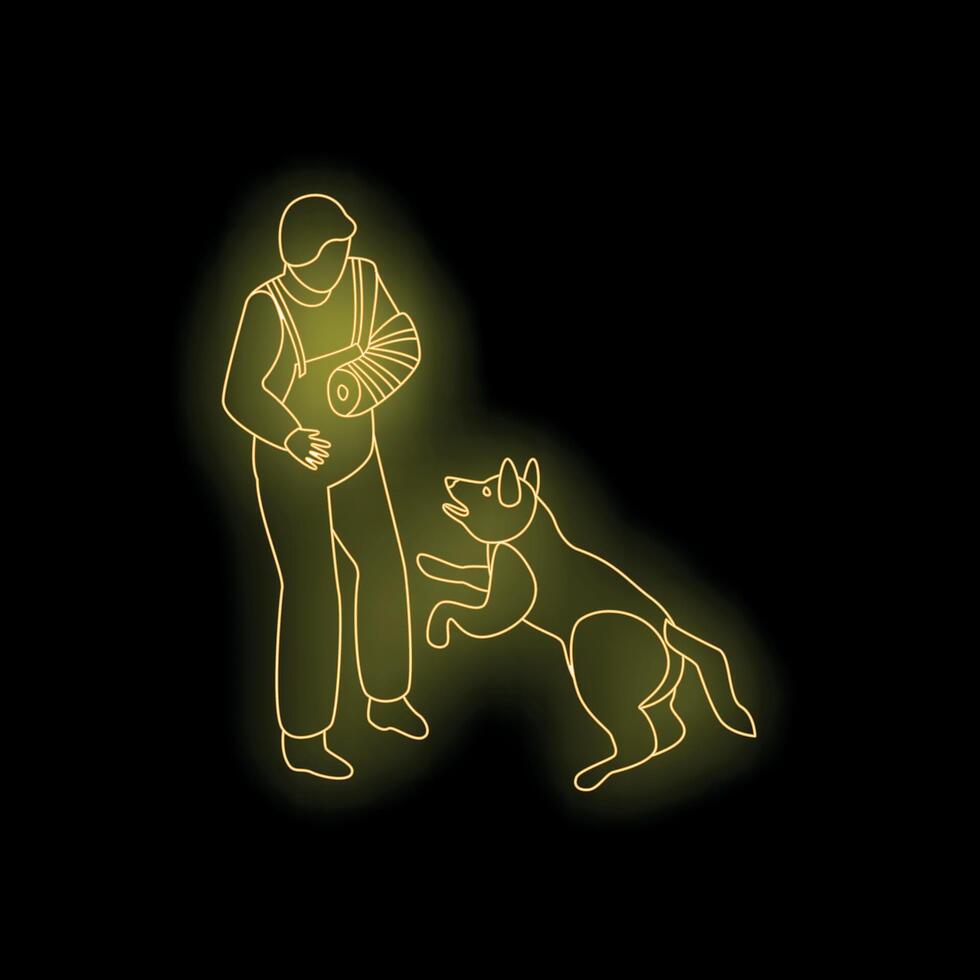 Dog trainer holding sausage training a k9 unit with protective sleeve on arm vector