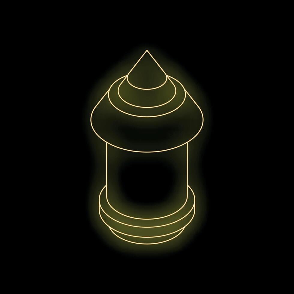 Glowing yellow neon arabic lantern shining on black background vector
