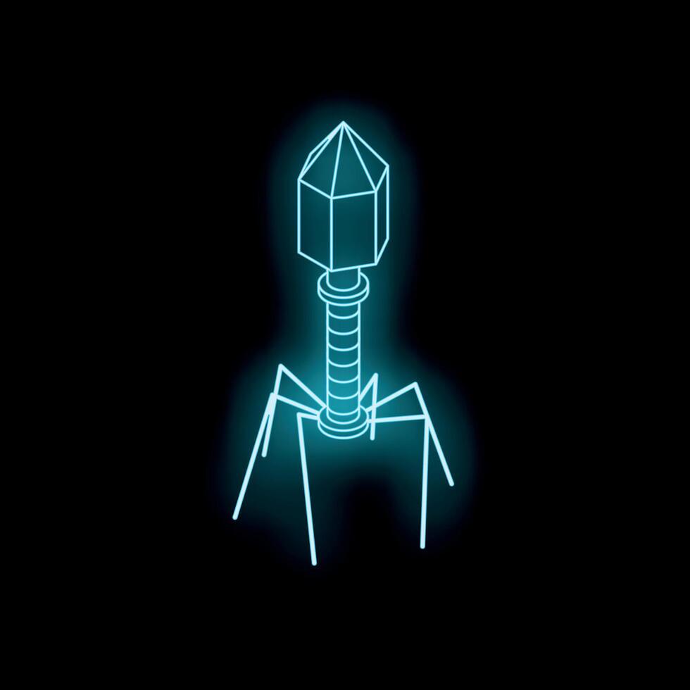 Neon bacteriophage virus attacking bacteria on black background vector