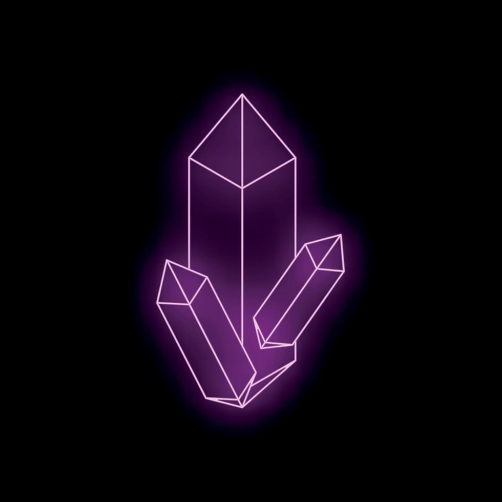 Bright purple neon crystals glowing on black background vector