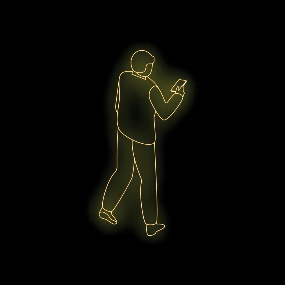 Businessman walking and using smartphone neon sign on black background vector