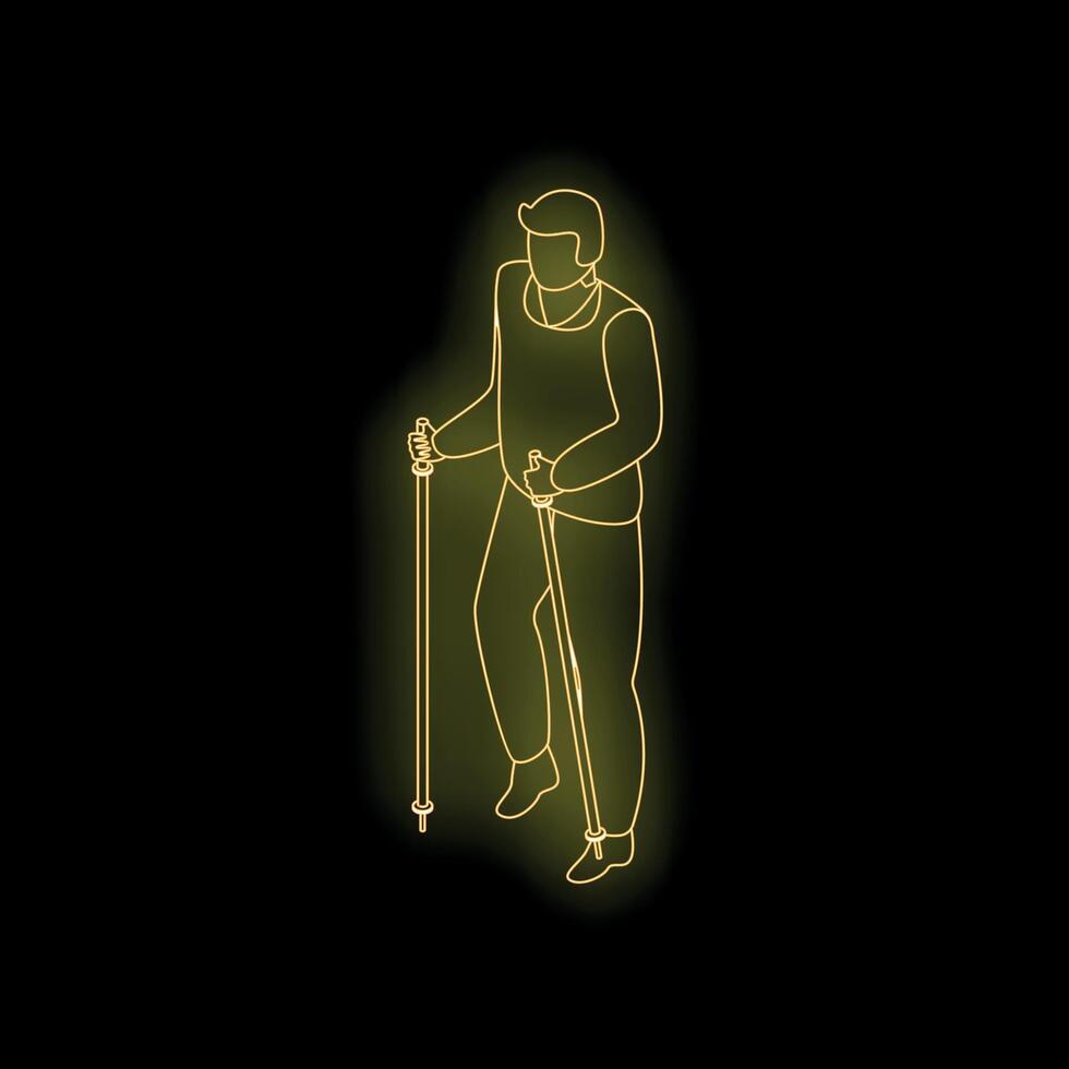 Man practicing nordic walking with trekking poles in neon style isometric illustration vector