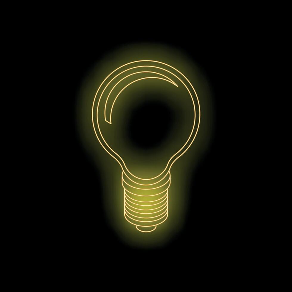 Bright yellow neon light bulb shining in darkness representing ideas and innovation vector