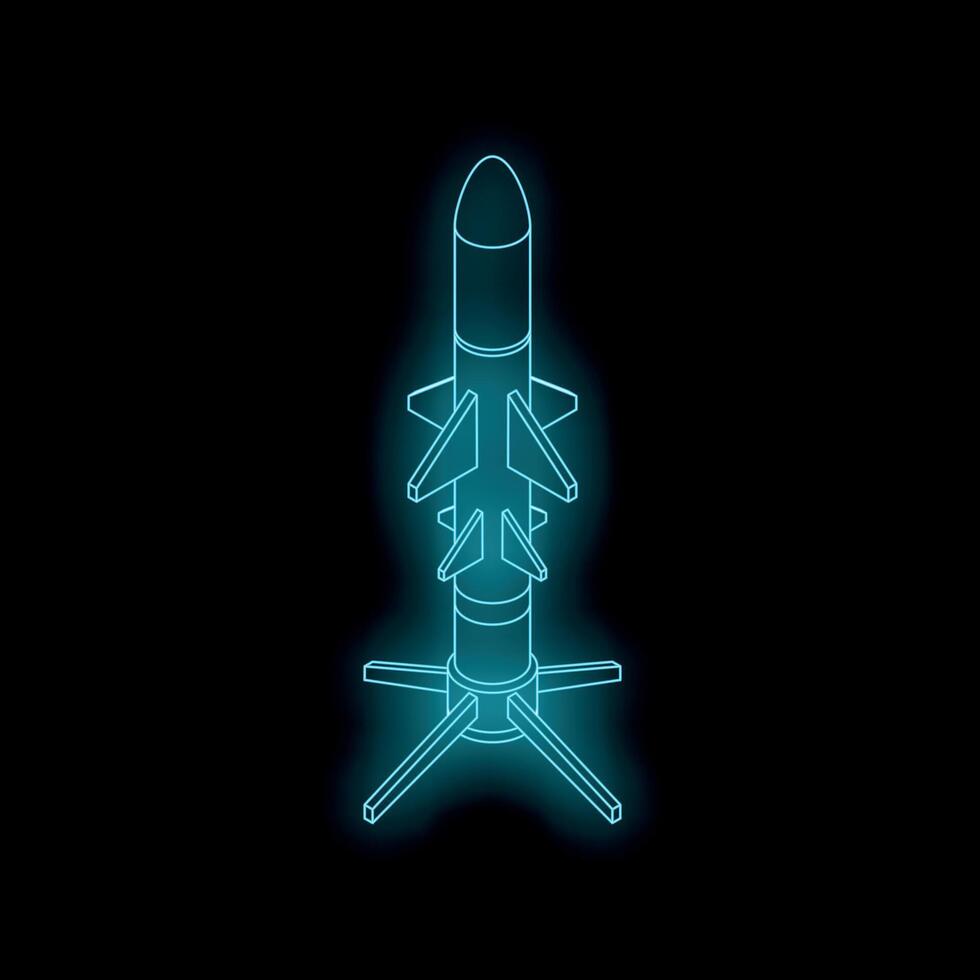 Neon blue ballistic missile ready to launch, nuclear weapon concept vector