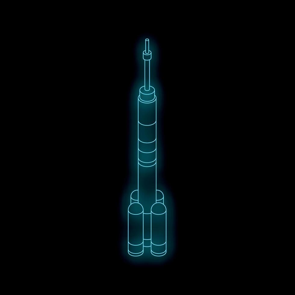 Neon blue rocket ship glowing on black background symbolizing space exploration vector