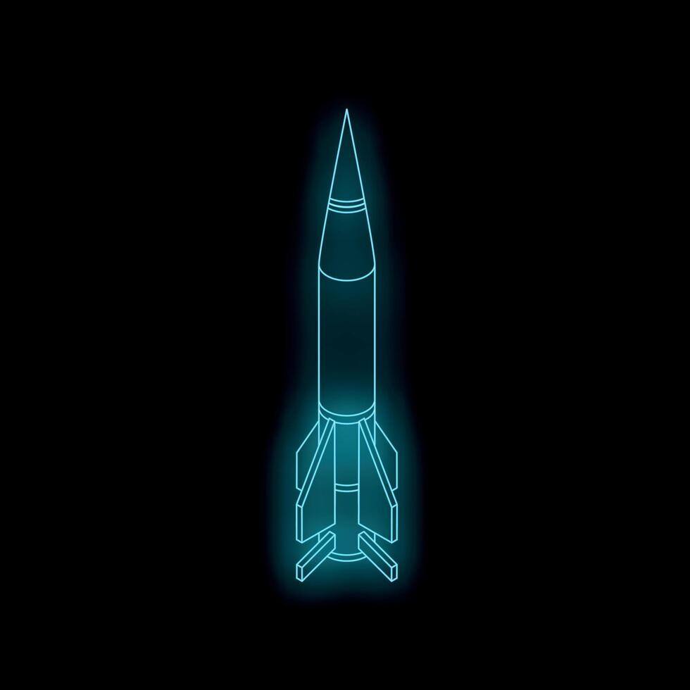 Neon blue rocket missile ready for launch on black background vector