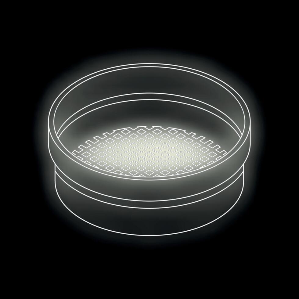 Round sieve resting on dark background with bright center vector