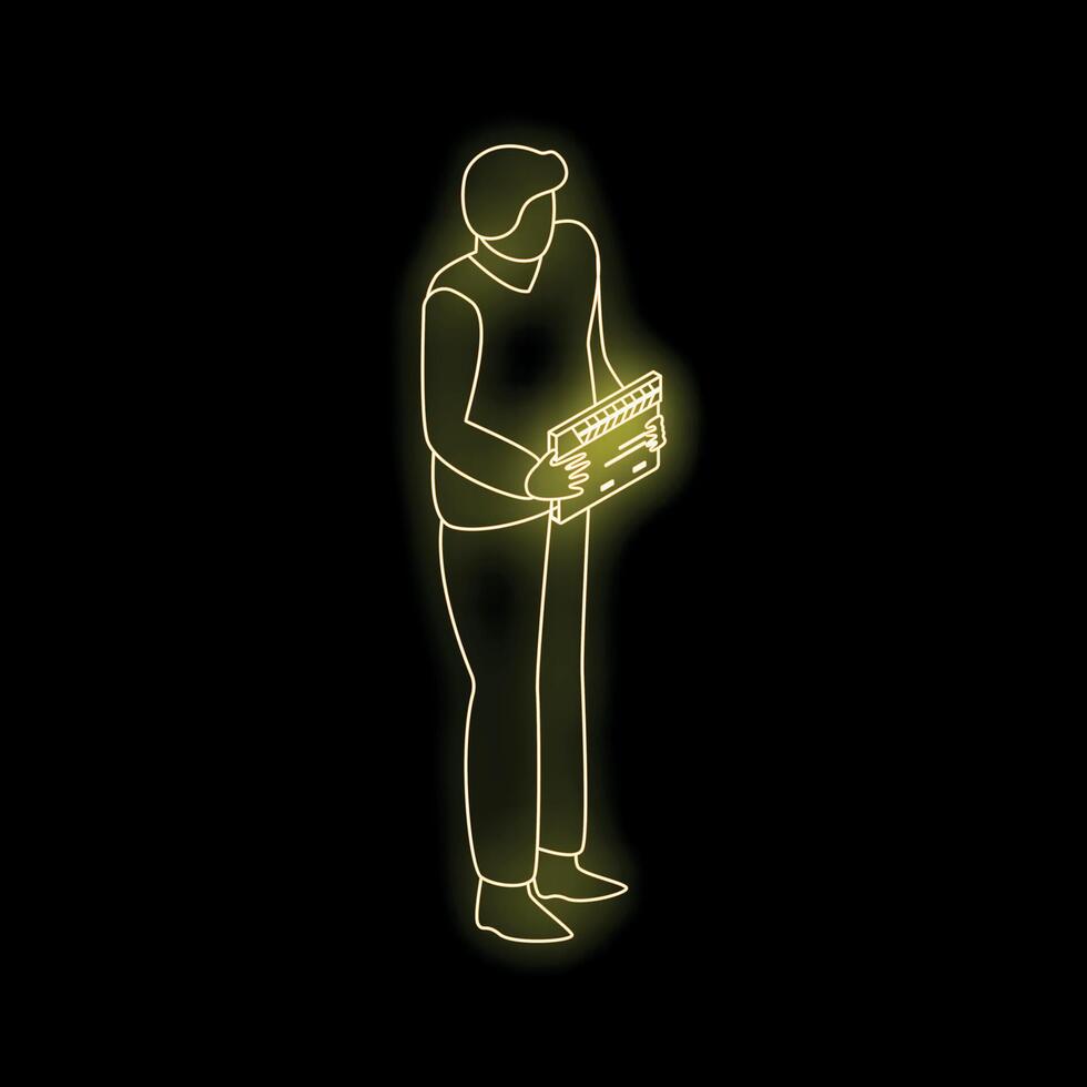 Filmmaker holding clapperboard neon sign on black background vector