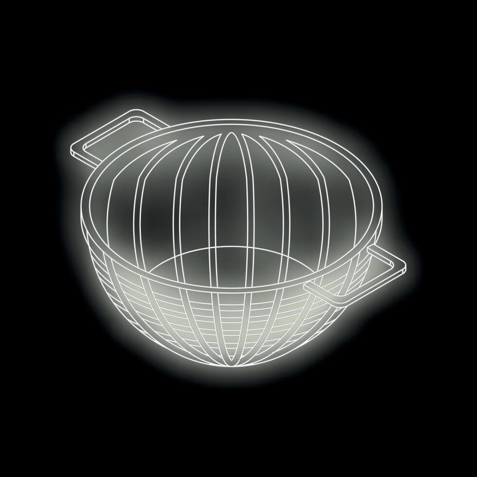 Glowing metallic colander wireframe on dark background vector