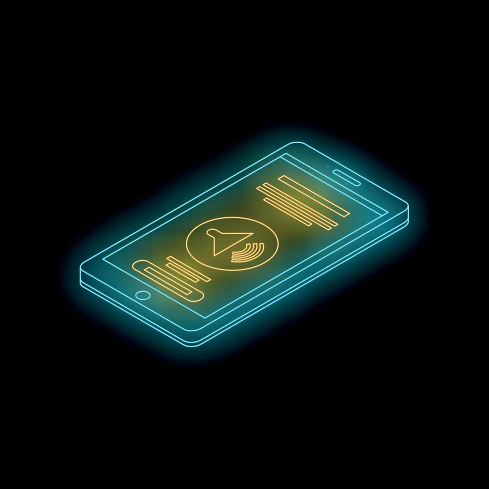 Neon smartphone showing notification bell icon on dark background vector