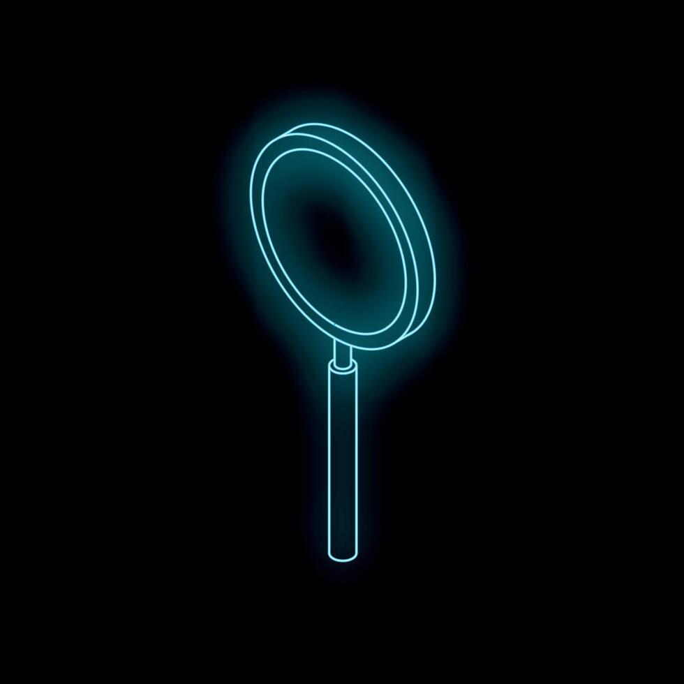 Neon blue magnifying glass shining in darkness, search icon concept vector