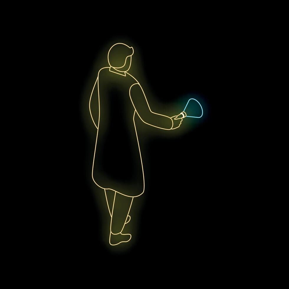 Scientist walking and holding a light bulb in neon style vector