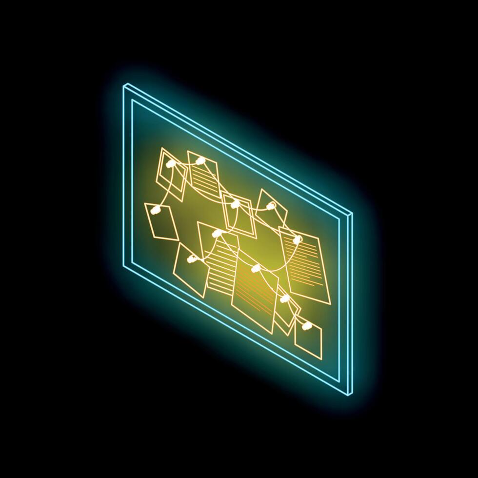 Neon sticky notes connected on virtual board showing project management vector