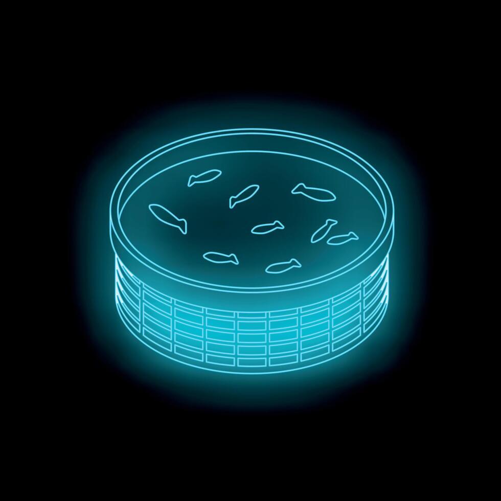 Neon blue inflatable pool with fish swimming on black background vector