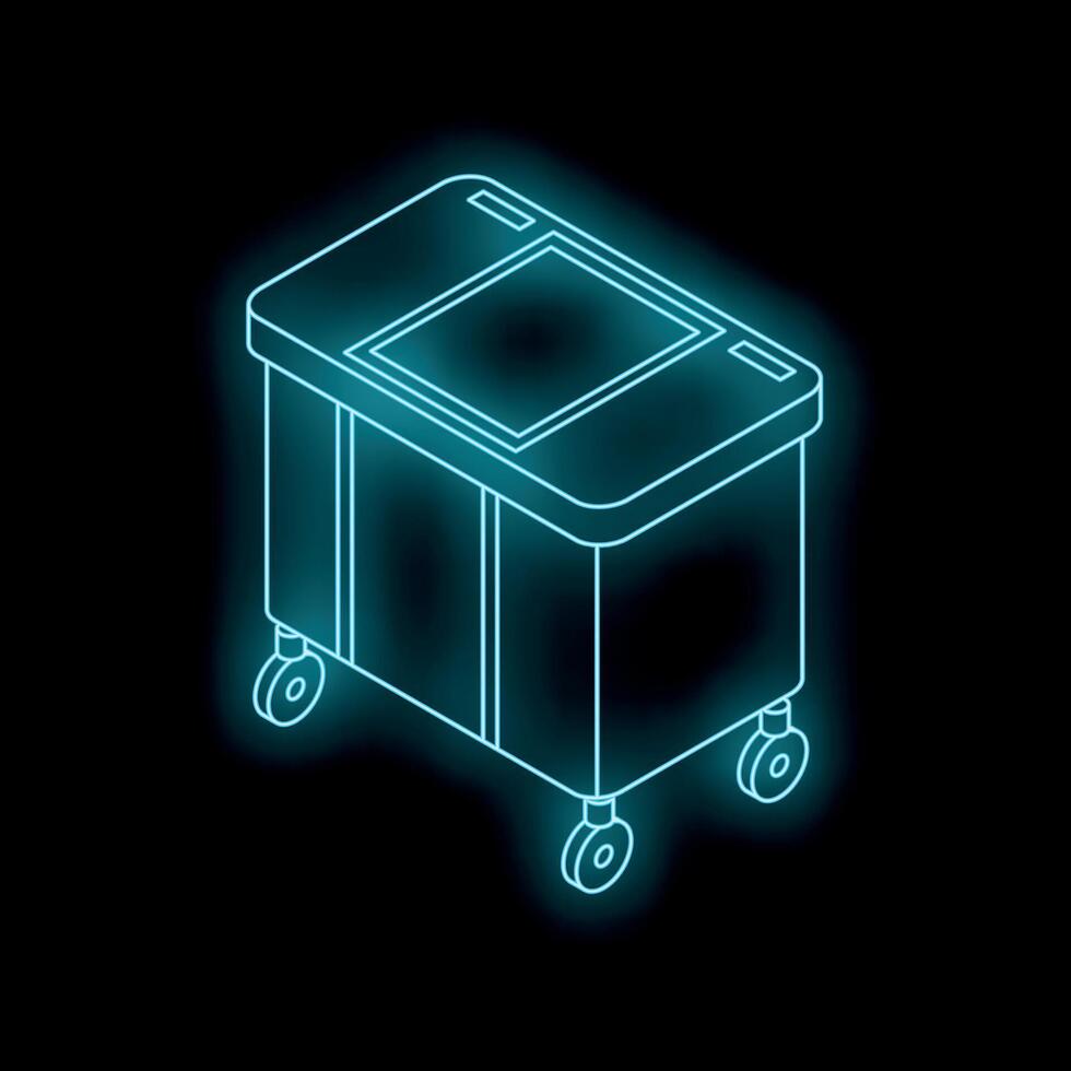 Neon blue mobile garbage bin shining on black background vector