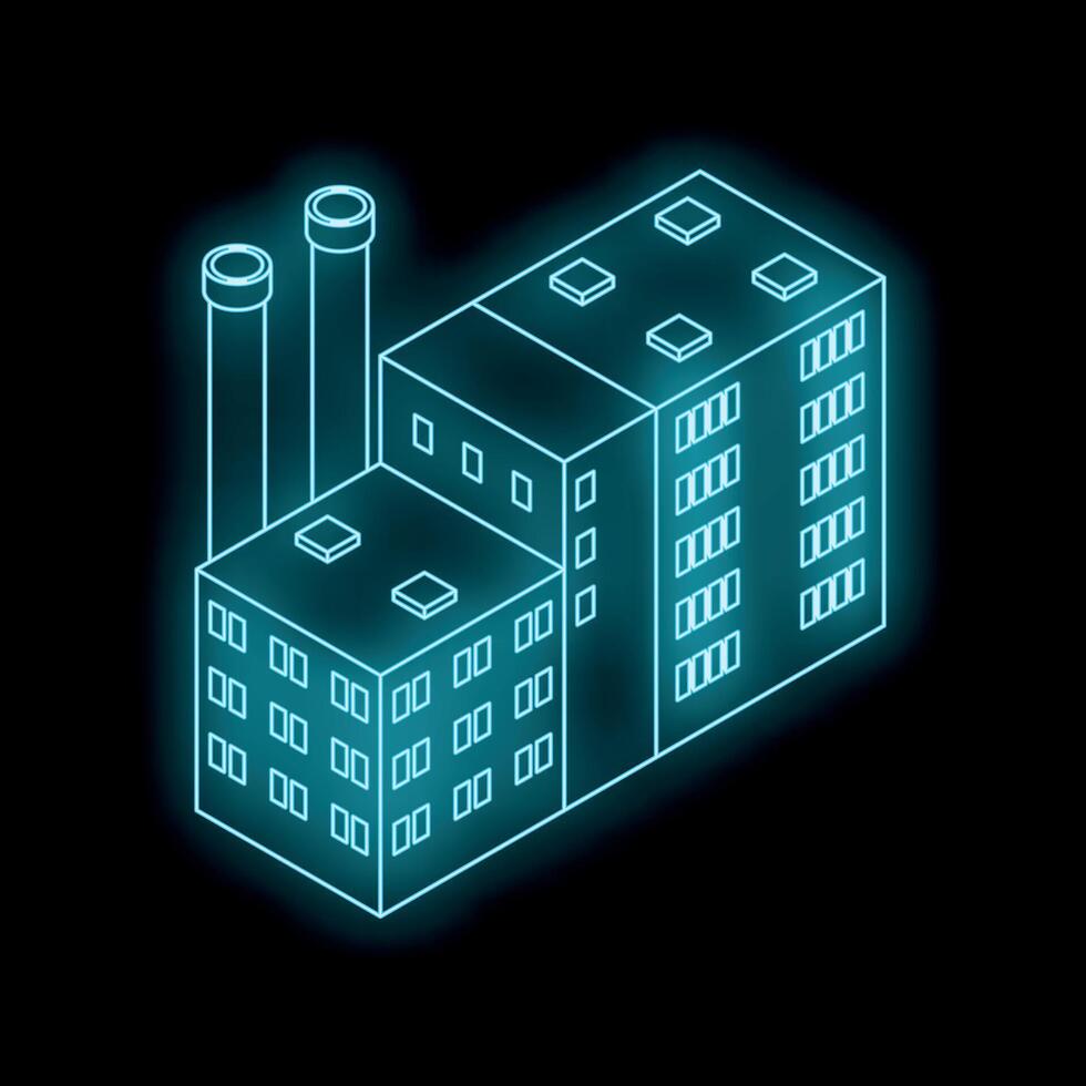 Glowing neon factory building at night representing manufacturing industry vector