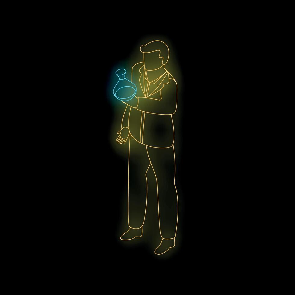 Scientist holding flask, neon style illustration of scientific discovery vector